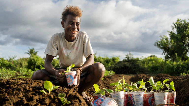 CH1818880 Junior 16 planting seedlings in a community garden in Malaita Province the Solomon Islands.